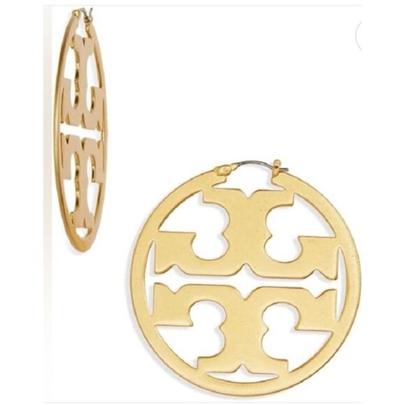 Tory Burch Miller Logo Cutout Gold-Tone Hoop Earrings - Picture 2 of 5